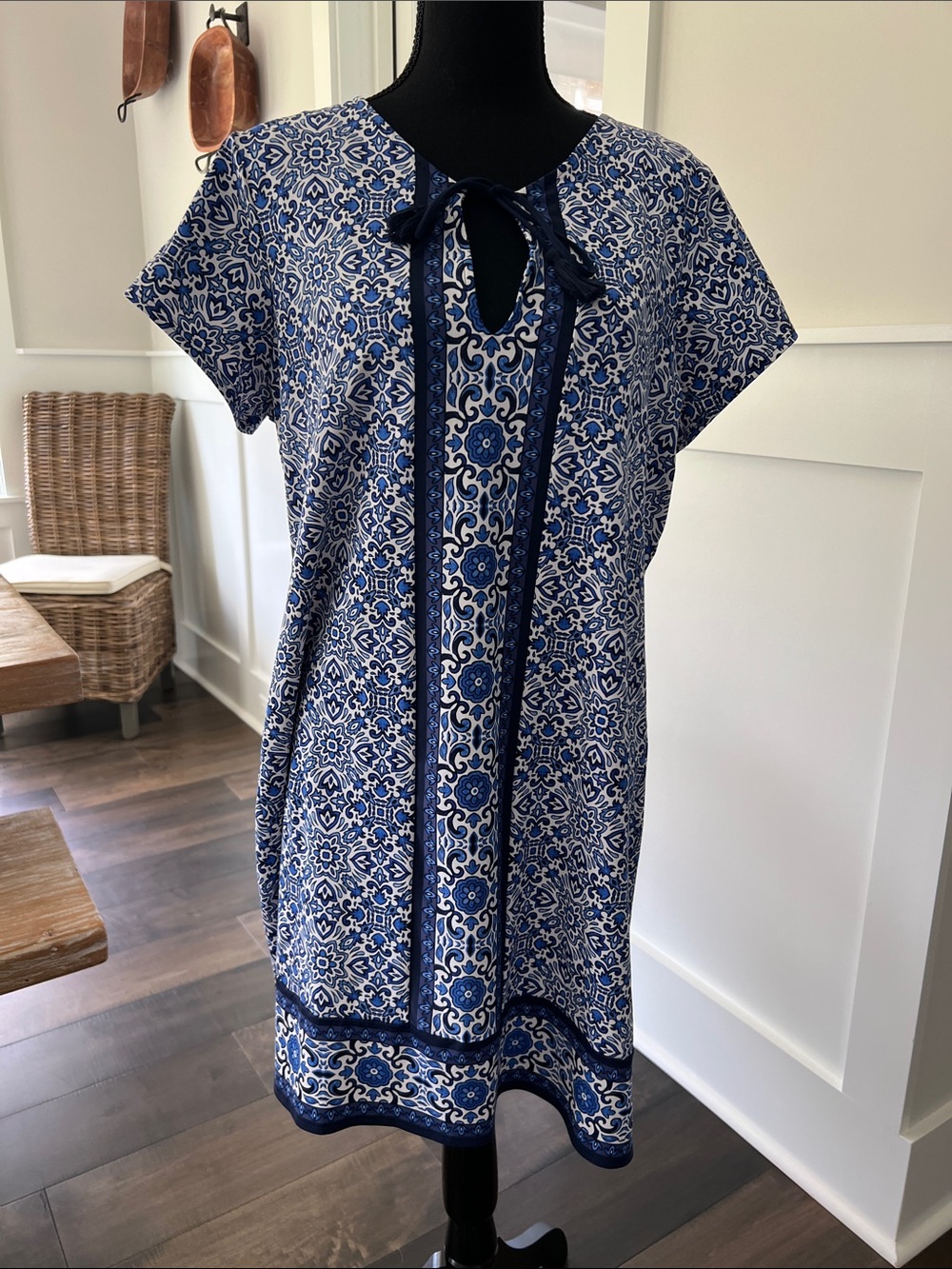 Lands' End Blue and White Printed Tie-Front Midi Dress
